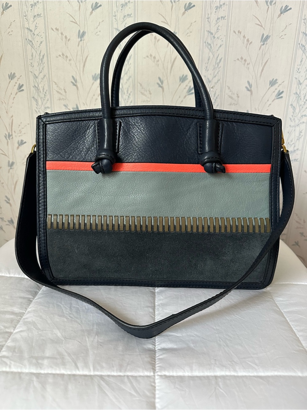 Fossil Navy, Gray & Coral Leather Satchel